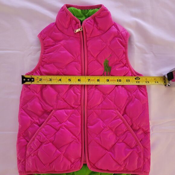 Ralph Lauren Puffer Down Vest Kids 4T Green Pink Girls Big Pony Outerwear Wicked - Picture 3 of 8